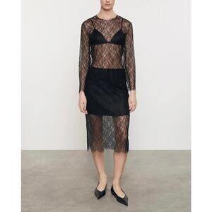 ENZA COSTA Lace Long Sleeve Top Womens Small Black Crew Long Sleeve Sheer NEW